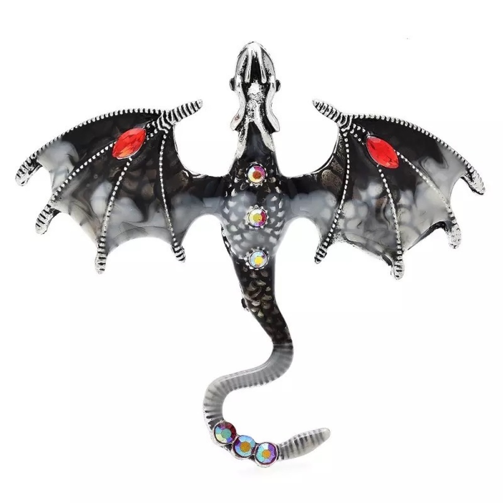 YEAR IF THE DRAGON - 
GREY FLYING DRAGON BROOCH / PIN UNISEX